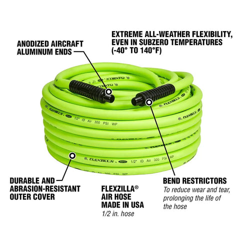 Air Hose Half Inch By 100 Feet Heavy Duty Lightweight Hybrid With Half Inch MNPT Fittings ZillaGreen coil with features labeled