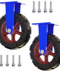 Set Of 2 Heavy Duty Solid Rubber Wheels With Puncture Proof Coating And 360 Degree Swivel, featuring blue steel mounts and black rubber tread.