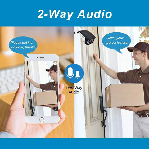Outdoor WiFi 1080P Security Camera With Two Way Audio Motion Detection And Night Vision ONVIF IP Surveillance Cam For Indoor And Outdoor Use showing a delivery interaction with a smartphone and camera.