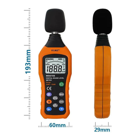 LCD Digital Decibel Meter For Real Time Sound Level Readings From 30 dB To 130 dB With AC Mode showing front and side view