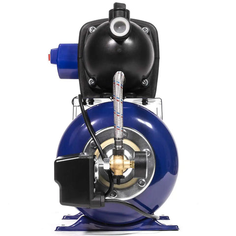 Front view of One Point Six HP Shallow Well Pump Booster System With Tank For Home Garden Lawn Farm Irrigation, 1000 GPH, Matte Black
