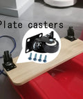 Smooth As Butter Heavy Duty 4 Pack Swivel Castor Wheels 5 Inch Polyurethane Caster Set With Silent Floor Friendly Rubber Treads Dual Lock Brakes Seamless Ball Bearing Spin For Garage Cabinets And Shop Projects Black mounted on a wooden plank with screws.