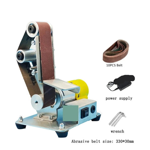 Compact Mini Electric Belt Sander For Desktop Use with 10pcs belts, vertical design and electric motor for DIY projects.