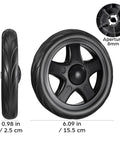 Side and front view of black shopping cart wheel, 6.09 in diameter, part of 2 Pack Heavy Duty Shopping Cart Wheels Replacement For Trolley Carts Compact.