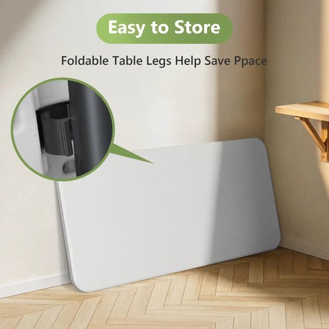 Heavy Duty 4ft Folding Table With Steel Legs stored against a wall, highlighting easy fold and lightweight design.