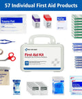 Front view of First Aid Only 6060 57-piece all-purpose first aid kit for 10 people in a white metal case.