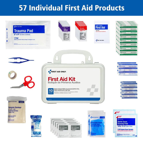 Front view of First Aid Only 6060 57-piece all-purpose first aid kit for 10 people in a white metal case.