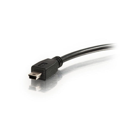 Close-up of black Mini B connector of USB 2.0 A to Mini B Cable 6.56 Feet Black Long USB Cord for Computer or USB Hub.