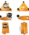 Heavy Duty Electric Wood Slotting And Chamfering Machine Inside Roll Away Case For Crisp Corner Bevels showing four angles of triangular guide with vacuum attachment.