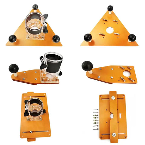 Heavy Duty Electric Wood Slotting And Chamfering Machine Inside Roll Away Case For Crisp Corner Bevels showing four angles of triangular guide with vacuum attachment.