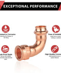 100 Pack Copper Press Elbow Fittings 3 4 X 1 2 Inch Female 90 Degree Plumbing Pipe Connector displaying corrosion-resistant design.