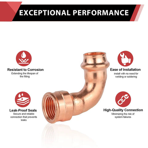 100 Pack Copper Press Elbow Fittings 3 4 X 1 2 Inch Female 90 Degree Plumbing Pipe Connector displaying corrosion-resistant design.