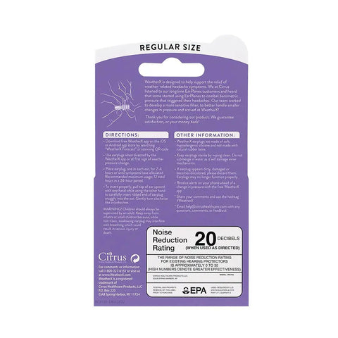 Back of purple packaging for Headache Prevention Earplug With Pressure Filtering Tech, showing directions and noise reduction rating