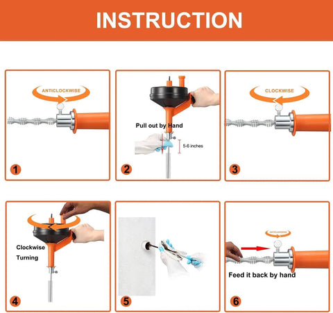 Instructions for using Drain Auger Clog Remover with Drill Adapter, showing manual operation and 25 ft flexible plumbing snake.