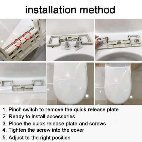 Installation method for D Shaped Toilet Seat With Soft Close Lid And Quick Release Hinges for No Sweat Cleanup.