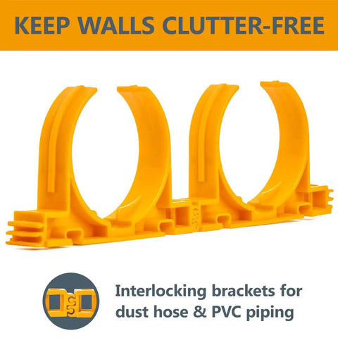 Open Style Dust Collection Pipe And Hose Hangers With Multi Mounting Options For Two And A Half Inch Ducting And Hoses Heavy Duty 4.5 Lb Holding Capacity Five Pack Orange For Wall Mounts In The Shop, showing interlocking orange hangers.
