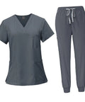 Women Scrub Set For Nurses And Spa Pros, Top And Jogger Pants Workwear, Machine Washable Easy Care, Gray Uniform