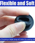 85 Piece Silicone Stoppers Kit Black Rubber Hole Plugs For Round Ties Sealing Waterproof Tub Covers Flexible Grommets Assortment Variety Pack, black silicone plug held by hand, flexible soft fit