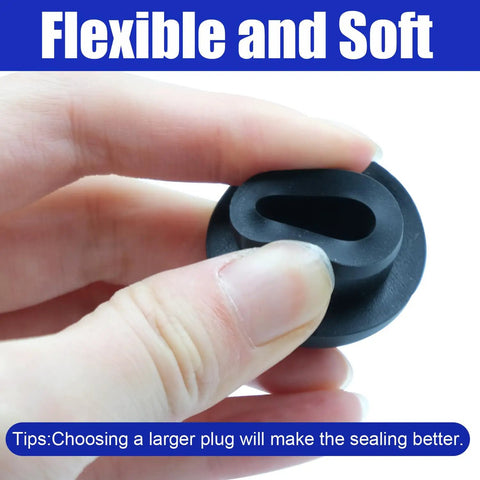 85 Piece Silicone Stoppers Kit Black Rubber Hole Plugs For Round Ties Sealing Waterproof Tub Covers Flexible Grommets Assortment Variety Pack, black silicone plug held by hand, flexible soft fit
