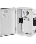 Tough-As-Nails Outdoor Electrical Box With ABS Housing Waterproof IP65 Enclosure Built-In Thermostat And Cooling Fan Ventilated Junction Box With Mounting Plate And Cable Grommets For Indoor And Outdoor Use, open white cabinet