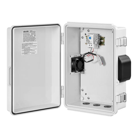 Tough-As-Nails Outdoor Electrical Box With ABS Housing Waterproof IP65 Enclosure Built-In Thermostat And Cooling Fan Ventilated Junction Box With Mounting Plate And Cable Grommets For Indoor And Outdoor Use, open white cabinet