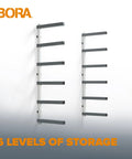 Six Level Wall Mounted Metal Lumber Rack For Garage Organization And Heavy Duty Wood Storage Shelf Pipe Holder Plywood Sheet Stand on wall.