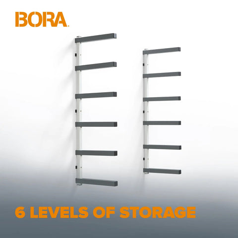 Six Level Wall Mounted Metal Lumber Rack For Garage Organization And Heavy Duty Wood Storage Shelf Pipe Holder Plywood Sheet Stand on wall.