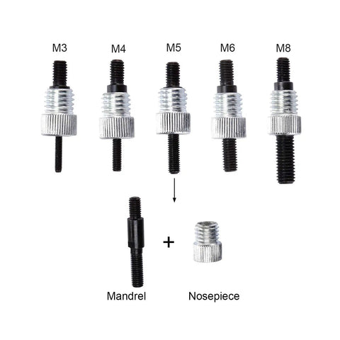 Mandrels and nosepiece for Rivet Nut Tool Kit Set 126 Piece Hand Riveter With Wrench For M3 M4 M5 M6 M8 Rivnut Inserts.