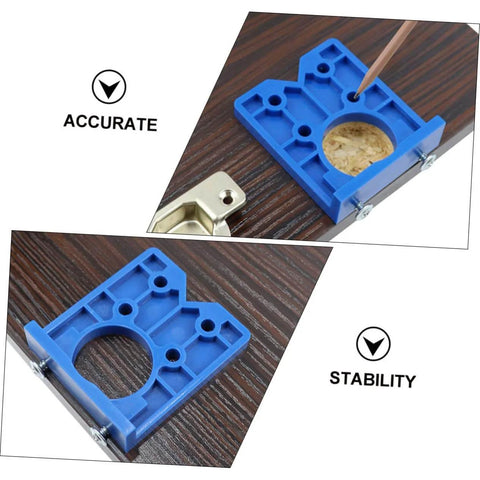 Effortless Concealed Hinge Hole Drilling Kit For Woodworking With 35mm Drill Bit Positioner And Precision Hole Puncher shown on wood surface