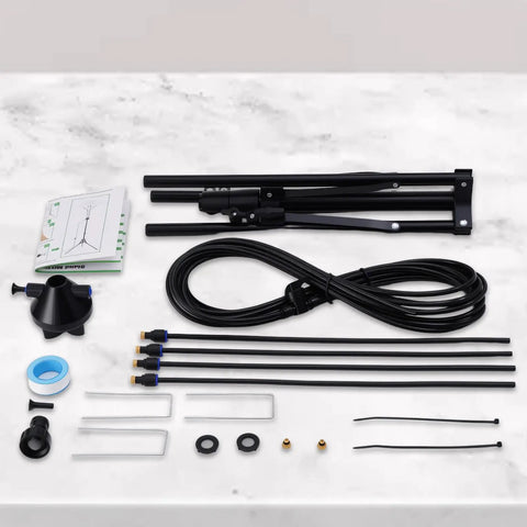 Components of Adjustable Outdoor Misting System For Patio And Garden Height From 3.5 To 5.25 Feet 26.5 Ft Water Supply Line