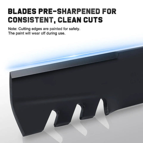 Close-up of Beefed Up 48 Inch Mulching Mower Blades For Husqvarna Lawn Tractors, showing pre-sharpened edges.