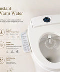 No Fuss Electric Bidet Toilet Seat For Elongated Toilets With Heated Seat And Instant Warm Air Dryer Featuring Adjustable Water Pressure And Dead Simple Side Controls, showing control panel and nozzle.