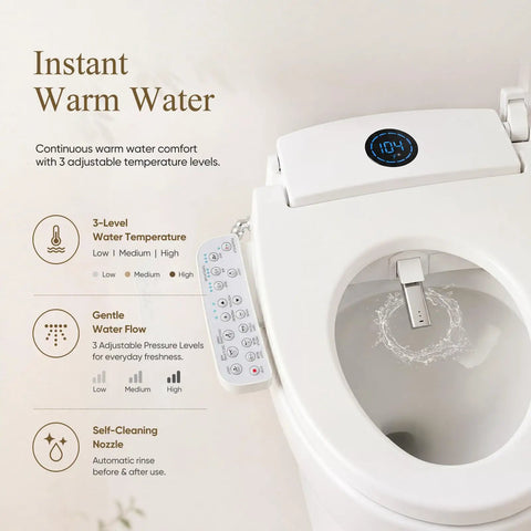 No Fuss Electric Bidet Toilet Seat For Elongated Toilets With Heated Seat And Instant Warm Air Dryer Featuring Adjustable Water Pressure And Dead Simple Side Controls, showing control panel and nozzle.