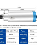 Built Tough 7.5 Kilowatt Water Cooled Spindle Motor Equipped With Er32 Collet Jaw showing dimensions and specifications for CNC use.