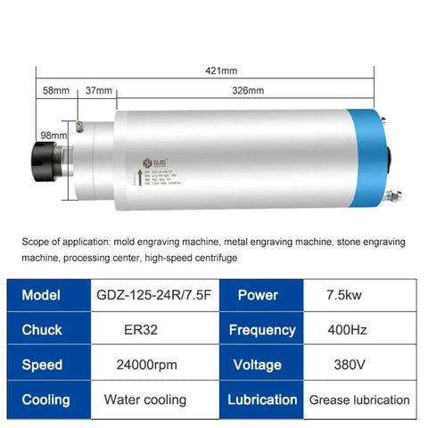 Badass Water Cooled Spindle Motor With Snug Er32 Collet For CNC Router And Tough Stone Carving Jobs 7.5Kw 220V Plus 380V dimensions and specs