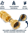 Solid Brass Garden Hose Quick Connectors Set 3/4 Inch GHT Thread Includes Six Male and Six Female Connectors Plus Teflon Tape Washers and O Rings for Leak Proof Heavy Duty Rust Proof Performance, showing connectors close-up with rubber washers for extra leak protection.
