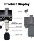 Product display with labeled parts of Upgraded 0.4mm Hotend Kit for P1S and P1P 3D Printers, showing heat sink, nozzle, and heater block.