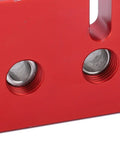 Close-up of Top Shelf Wood Doweling Jig Drill Kit With Spot On Scaling Ruler And Rugged Aluminum Frame showing precision bushings in red.