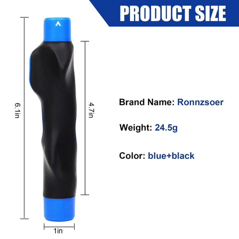 Right Handed Golf Grip Trainer For Proper Posture And Tempo Elevate Swing Consistency, blue-black grip with dimensions.