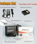 Package components of TS101 Soldering Pen Upgraded From TS100 Dual Power 65W DC And 45W PD Smart Mini Portable Soldering Iron Station Kit