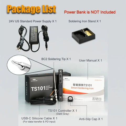 Package components of TS101 Soldering Pen Upgraded From TS100 Dual Power 65W DC And 45W PD Smart Mini Portable Soldering Iron Station Kit