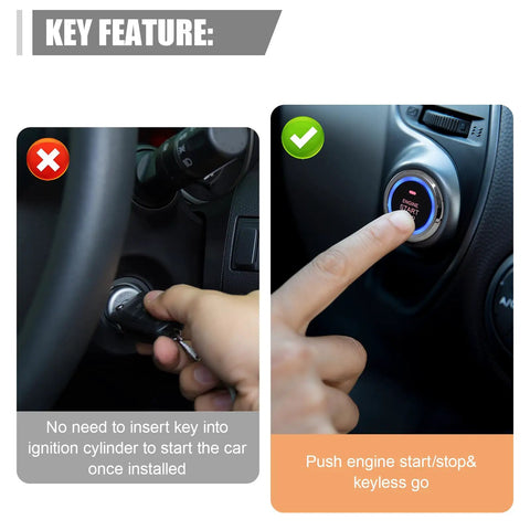 Comparison of traditional key ignition and Push To Start Car Ignition Kit With Keyless Entry And Anti Theft System Universal 12V Vehicle Ignition Switch Upgrade From Key To Push Start For Most Cars