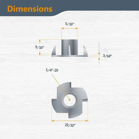 Heavy Duty Zinc Plated Tee Nuts 1/4 20 Thread 50 Pack For Woodworking Furniture Builds dimensions image with measurements