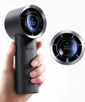Person holding Turbo Handheld Fan With 100 Speed HD Digital Display Real Time Wind Gear And Battery Percentage Shows Your Power Level