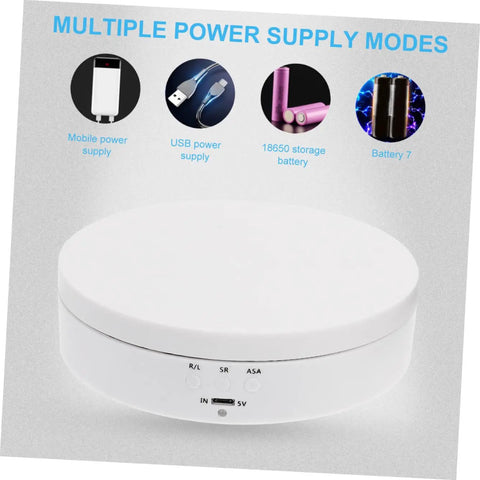 White Electric Rotating Display Stand For Jewelry Watches And Cosmetics Automatic Turntable Showcase with power supply options and controls.