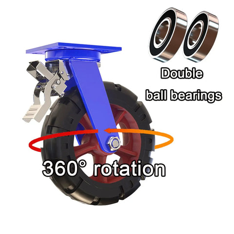 Rock Solid Heavy Duty Rubber Casters With Sure Grip Brakes Quiet Industrial Caster Wheels 2 Pack shown with 360° rotation feature.