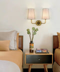 Modern Gold Wall Sconce With Fabric Shade Two Light Brushed Brass Vanity Bath Light For Bedroom Hallway Living Room Decor