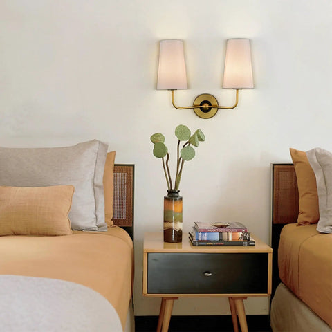 Modern Gold Wall Sconce With Fabric Shade Two Light Brushed Brass Vanity Bath Light For Bedroom Hallway Living Room Decor