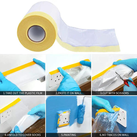 Tape And Drape Set For Automotive Painting Coverage, showing application steps with masking paper and tear resistant film.