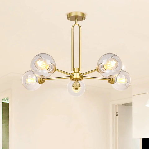 Gold Globe Giant Pendant Chandelier 5 Light Sputnik Ceiling Fixture With Dope Clear Glass Shades for modern interiors
